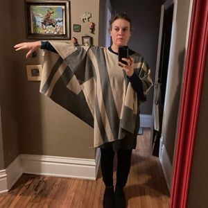 Eileen Fisher Recycled Cashmere Poncho color blacks grey and tan beige taupe